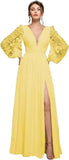 Langärmliges Brautjungfernkleid, Chiffon, Ballkleid, langes Hochzeitskleid mit Spitzenapplikation, V-Ausschnitt, formelle Kleider mit Schlitz 