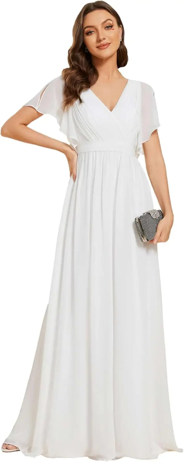 Vestido de dama de honor para mujer, escote en V, mangas con volantes, busto fruncido, largo hasta el suelo, de gasa, vestido formal para invitada de boda. 