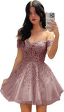 Hübsches kurzes Heimkehrkleid mit Spitzenapplikation für Teenager, glitzernder Tüll, schulterfrei, formelles Abschlussball-Cocktailkleid, Clubkleid 