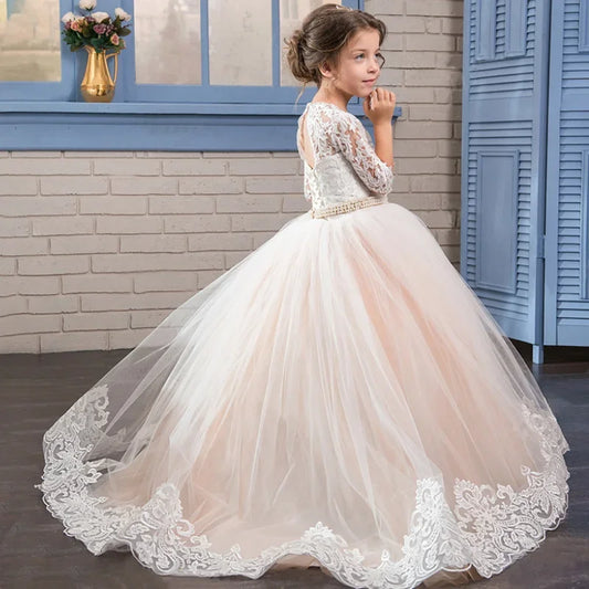 Apliques blancos de tul champán con cinturón de perlas de diamantes y media manga para bodas, cumpleaños, primera comunión, vestidos de niña de las flores 