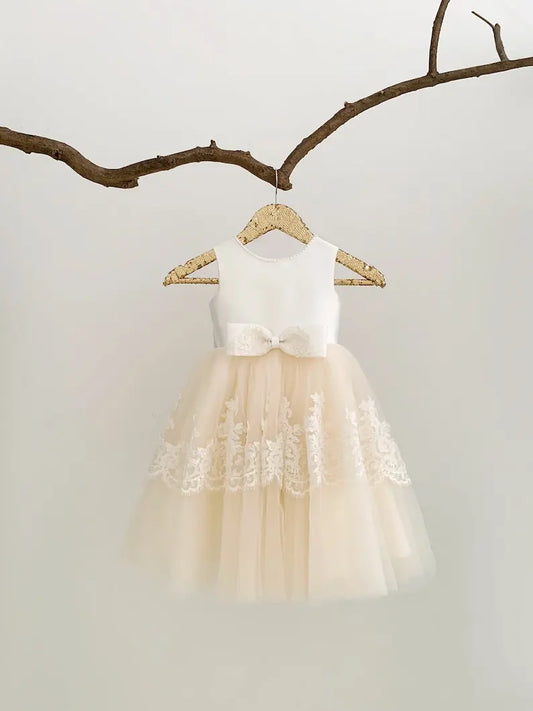 Vestido de niña de las flores con espalda en V y encaje para bodas, fiesta de niñas, vestido de princesa para niña pequeña con lazos, vestidos de primera comunión. 