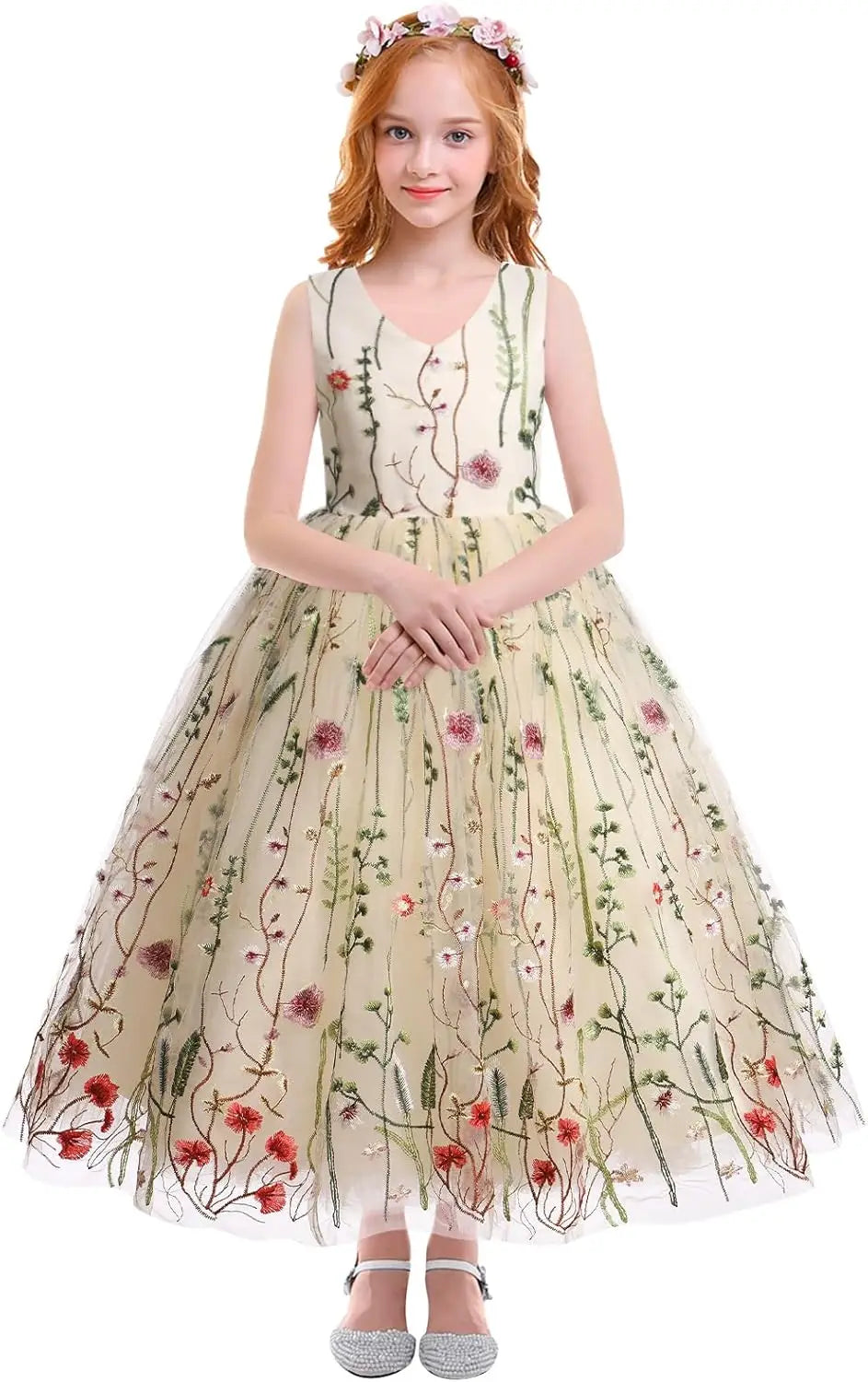Floral Embroidered Tulle Dress Girls Sleeveless Birthday Wedding Pageant Party Formal Long Tutu Dresses princess dress
