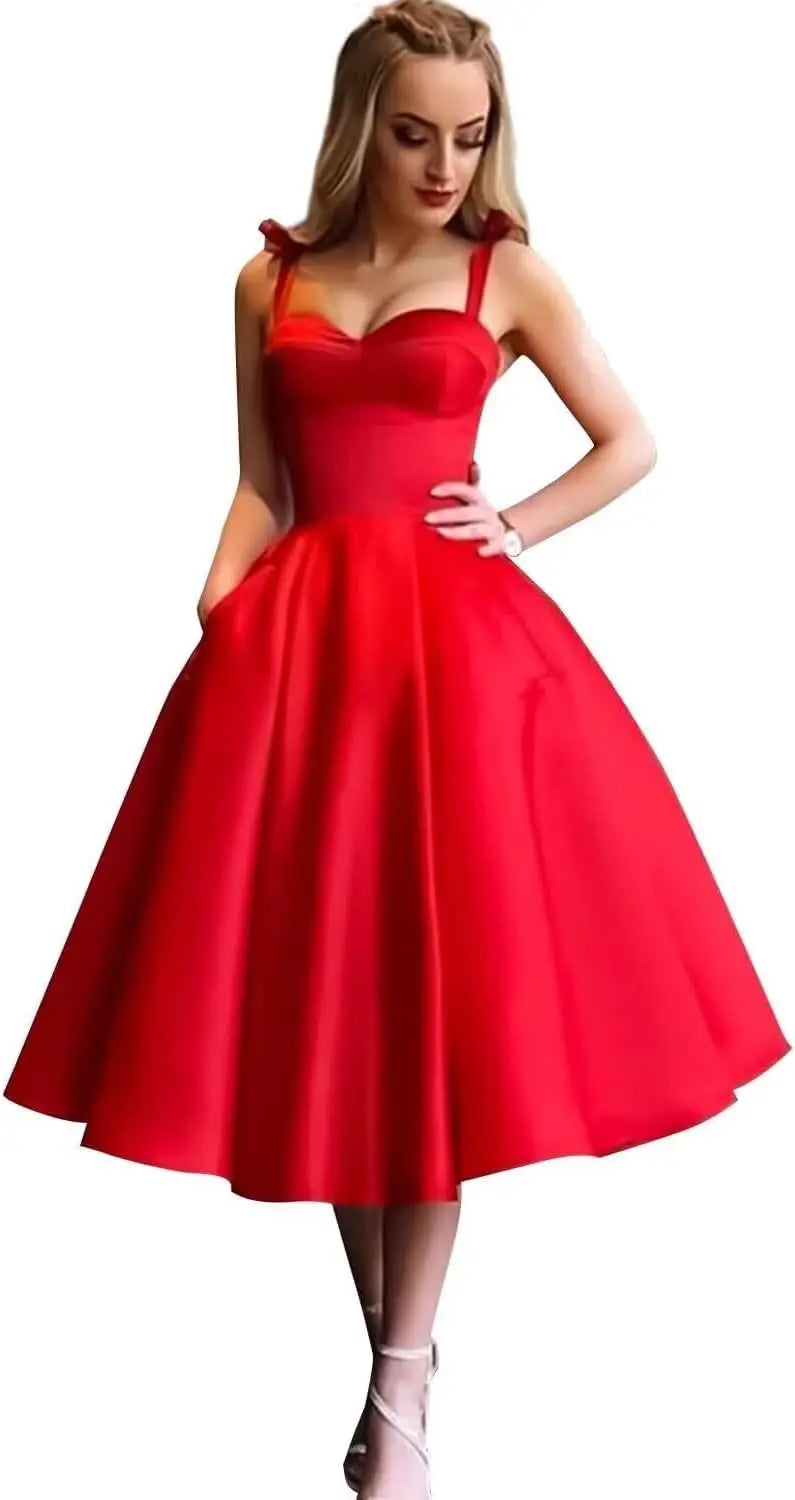 Damen Spaghettiträger Kurzes Satin Ballkleid Homecoming Kleid Sweetheart A-Linie Ballkleid Cocktailkleid mit Tasche 