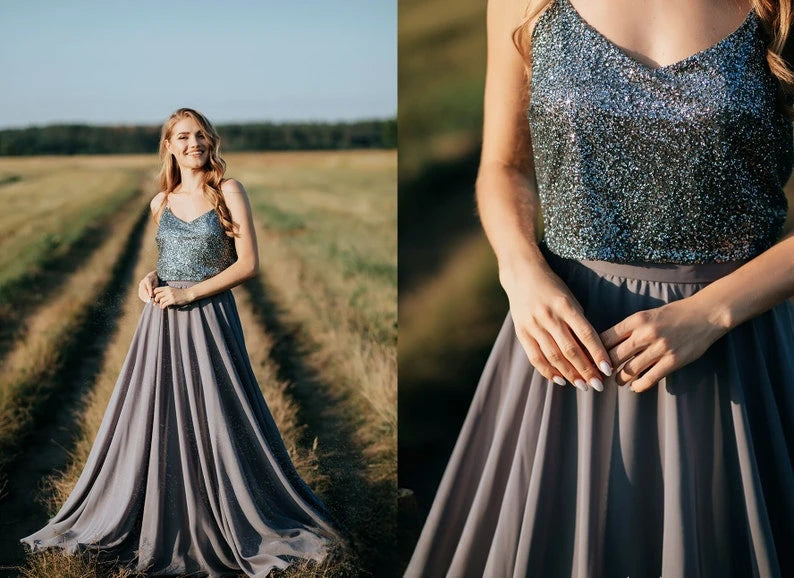 Smoke Chiffon Full Sun Flying A-line Skirt and Star Slate Grey Glitter Top available Plus Size evening party dresses