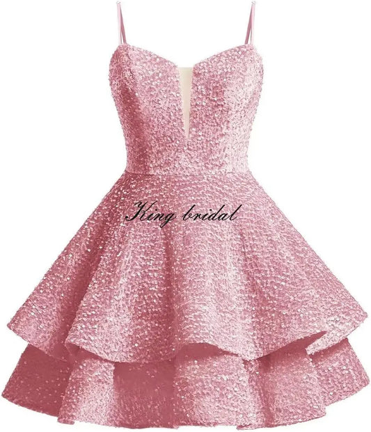 Vestidos de fiesta cortos con lentejuelas brillantes para adolescentes, de Pretty Girls Club, 2025, con tirantes finos, minivestido de cóctel formal con capas 