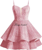 Vestidos de fiesta cortos con lentejuelas brillantes para adolescentes, de Pretty Girls Club, 2025, con tirantes finos, minivestido de cóctel formal con capas 