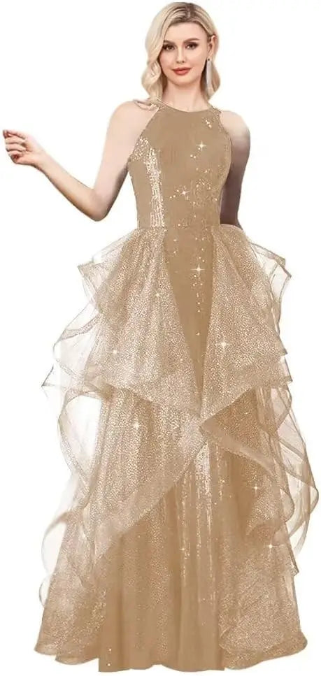 Vestidos de fiesta con lentejuelas y cuello halter, hechos a medida, con capa, 2025, de tul brillante, con abertura en forma de A, para boda, noche y fiesta. 
