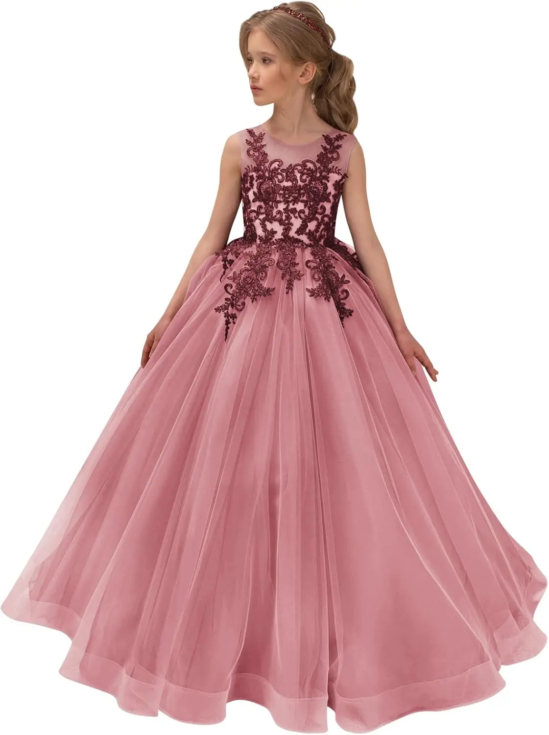 Festzugskleider für Mädchen, Spitzenapplikation, Blumenmädchenkleid, Tüll, Festzugskleid für Mädchen, lang, ärmellos, Prinzessinnen-Party-Ballkleid 
