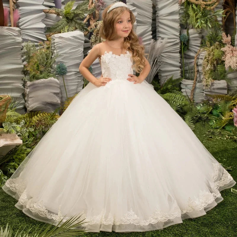Vestidos de primera comunión para banquetes de cumpleaños, vestidos de niña de las flores de tul blanco con estampado floral abullonado, sin mangas para boda 