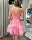 Fashion Tiered Homecoming Dresses Ruffle Tulle Mini Dresses Elegant V Neck Short Prom Dresses graduation dress