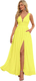 Vestidos de dama de honor con abertura y escote en V, vestidos de fiesta, línea A, plisados, para invitada de boda con bolsillos 