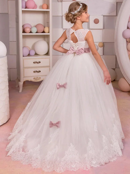 With Pink Bow Sleeveless For Wedding Birthday Party Banquet Gowns Flower Girl Dresses White Tulle Diamond Lace Appliques