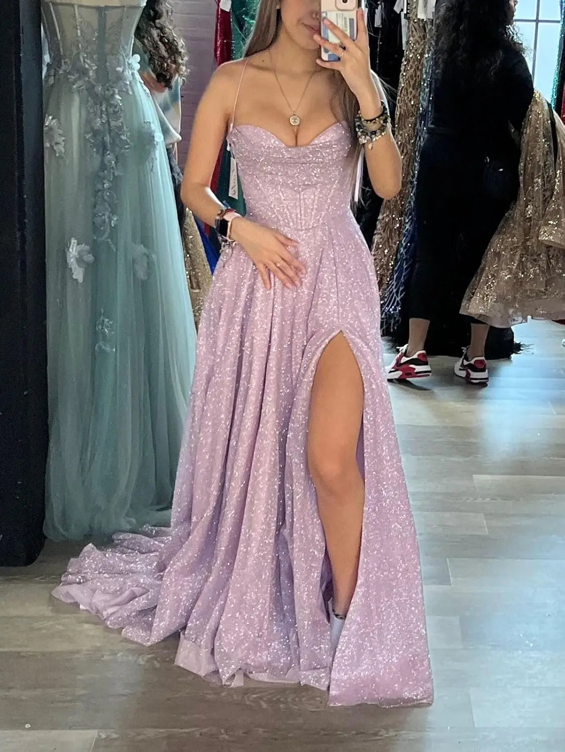 Damen Spaghettiträger Glitzer Tüll Ballkleider mit Schlitz Wasserfallausschnitt Langes formelles Abendkleid Partykleid 