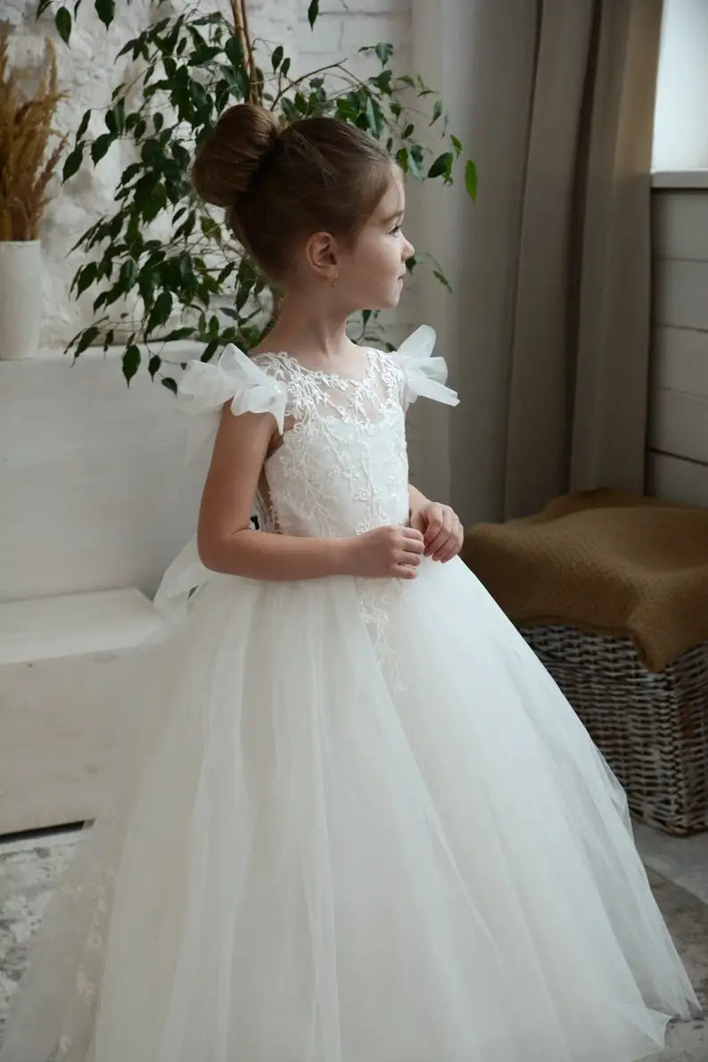 Elfenbeinfarbenes Blumenmädchenkleid, Ballkleid für Kleinkinder, Tutu, Erstkommunionkleider für Kinder, Festzugskleider für Mädchen, Prinzessinnen-Applikationen 