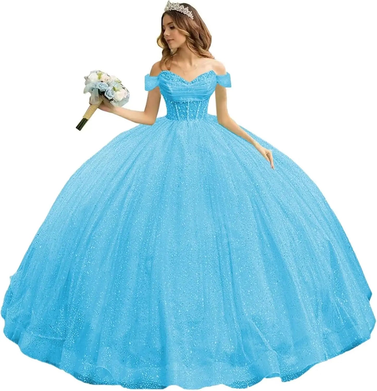 Tulle Quinceanera Dresses with Bow Puffy Off Shoulder Sweet 16 Dresses Sparkly Crystal Quince Dress with Train