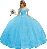 Tulle Quinceanera Dresses with Bow Puffy Off Shoulder Sweet 16 Dresses Sparkly Crystal Quince Dress with Train