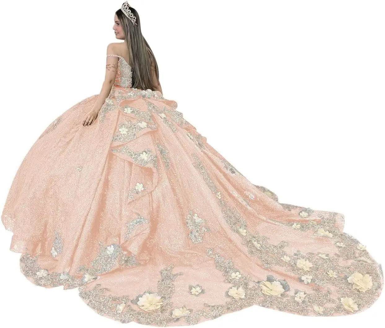 Gold Appliques Quinceanera Dresses with Train Spaghetti Strap Lace Sweet 16 Dresses Layered Ruffles Beaded Ball Gown