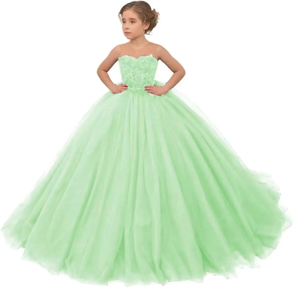 Tulle Flower Girls Dresses Lace Appliques Long Formal Princess Wedding Pageant Ball Gowns for Children
