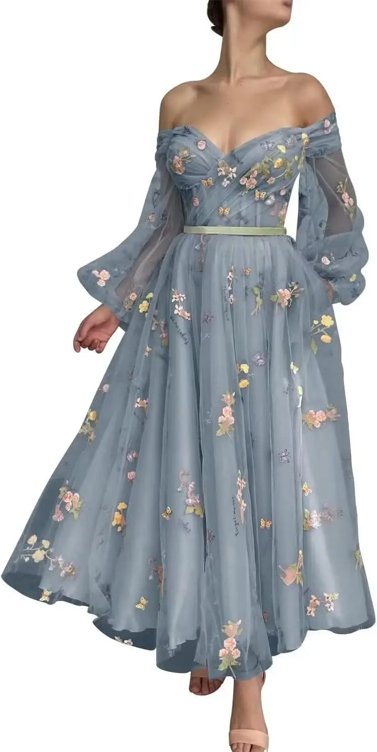 Bridesmaid Dress Long Sleeve Flower Embroidery Lace Tulle Prom Dresses for Women A Line Fairy Maxi Formal Evening Party Gowns