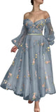 Bridesmaid Dress Long Sleeve Flower Embroidery Lace Tulle Prom Dresses for Women A Line Fairy Maxi Formal Evening Party Gowns