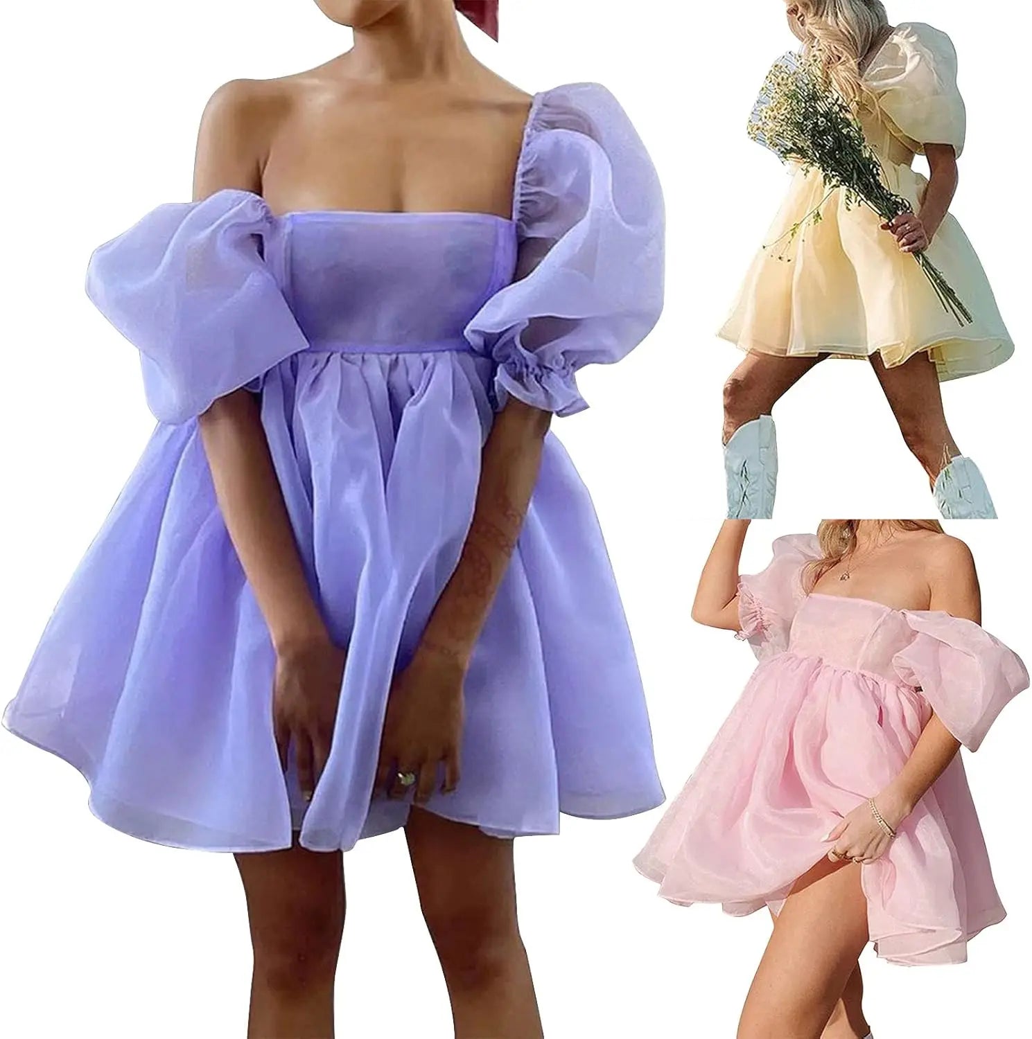 Damen Off-Shoulder Rüschen Flauschig Kurzarm Mesh Party Mini Prinzessin Kleid Kurzes Ballkleid Abschlussballkleid 