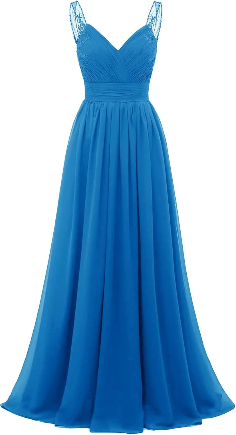 Chiffon-Spitze Brautjungfernkleider lang für Damen V-Ausschnitt Plissee Tüll Träger A-Linie Abschlussball Abend Hochzeit formelle Kleider 