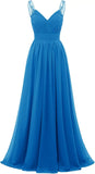 Chiffon-Spitze Brautjungfernkleider lang für Damen V-Ausschnitt Plissee Tüll Träger A-Linie Abschlussball Abend Hochzeit formelle Kleider 