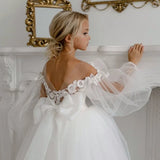 Birthday Party First Communion Gowns Flower Girl Dresses White Tulle Puffy Flower Pattern With Bow Long Sleeve For Wedding