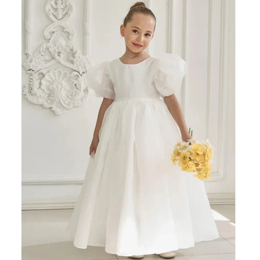 Vestido de princesa de satén blanco liso de manga corta para bodas, fiestas de cumpleaños, banquetes, vestidos de princesa personalizados, vestidos de niña de las flores 