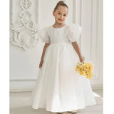 Vestido de princesa de satén blanco liso de manga corta para bodas, fiestas de cumpleaños, banquetes, vestidos de princesa personalizados, vestidos de niña de las flores 