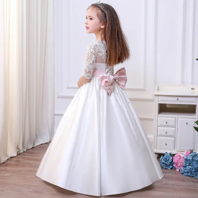 White Satin Appliques With Bow Jewels Belt Half Sleeve For Wedding Birthday Party First Communion Gowns Flower Girl Dresses