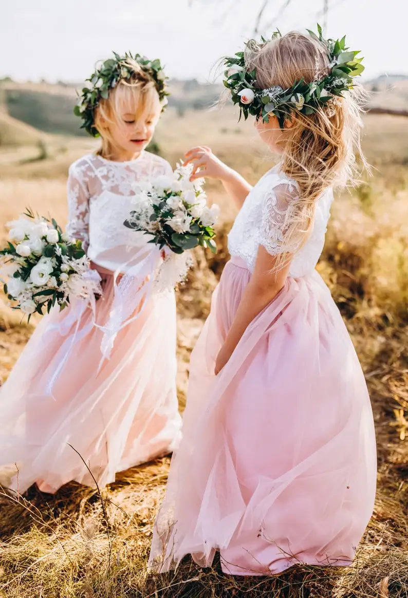 Vestido de niña de las flores Belle Flower Girl, vestido para niña de las flores, vestido de encaje para niña de las flores, falda larga de tul estilo bohemio, vestido de princesa en cascada 
