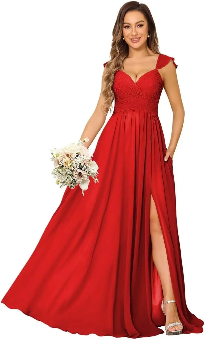Women's Cap Sleeves Chiffon Bridesmaid Dresses Long with Pockets Ruffle Formal Evening Dresses with Slit Wedding Party Gowns