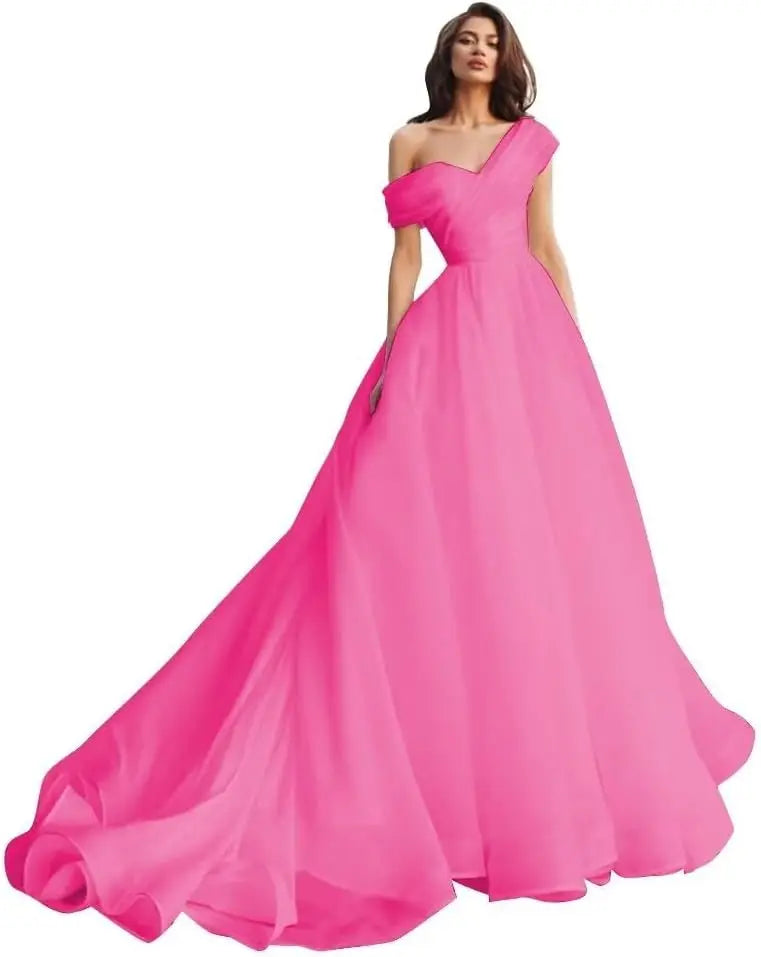 Custom made One Shoulder Tulle Prom Dresses Long Quinceanera Dress Ball Gown Organza Puffy Wedding Dress for Bride Bridal Gowns