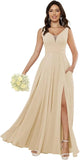 Custom Made Women's Simple Chiffon Bridesmaid Dresses with Pockets Long V Neck Formal Evening Prom Gowns Dresses with Slit