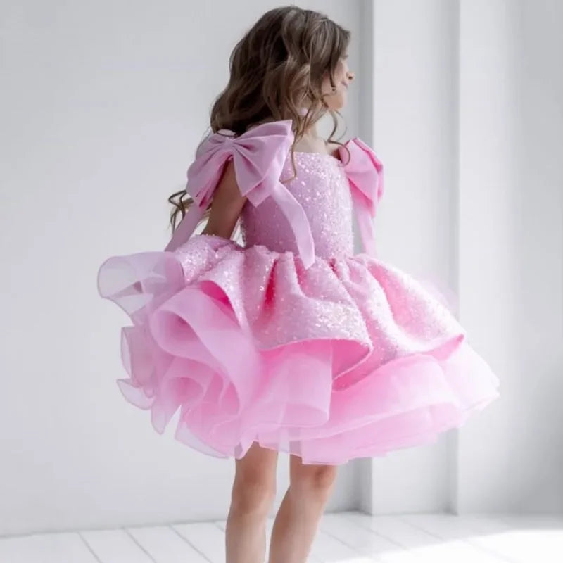 Pink Tulle Sequin With Bow Sleeveless For Wedding Prom Birthday Party Banquet Holy Communion Gown Customized Flower Girl Dress