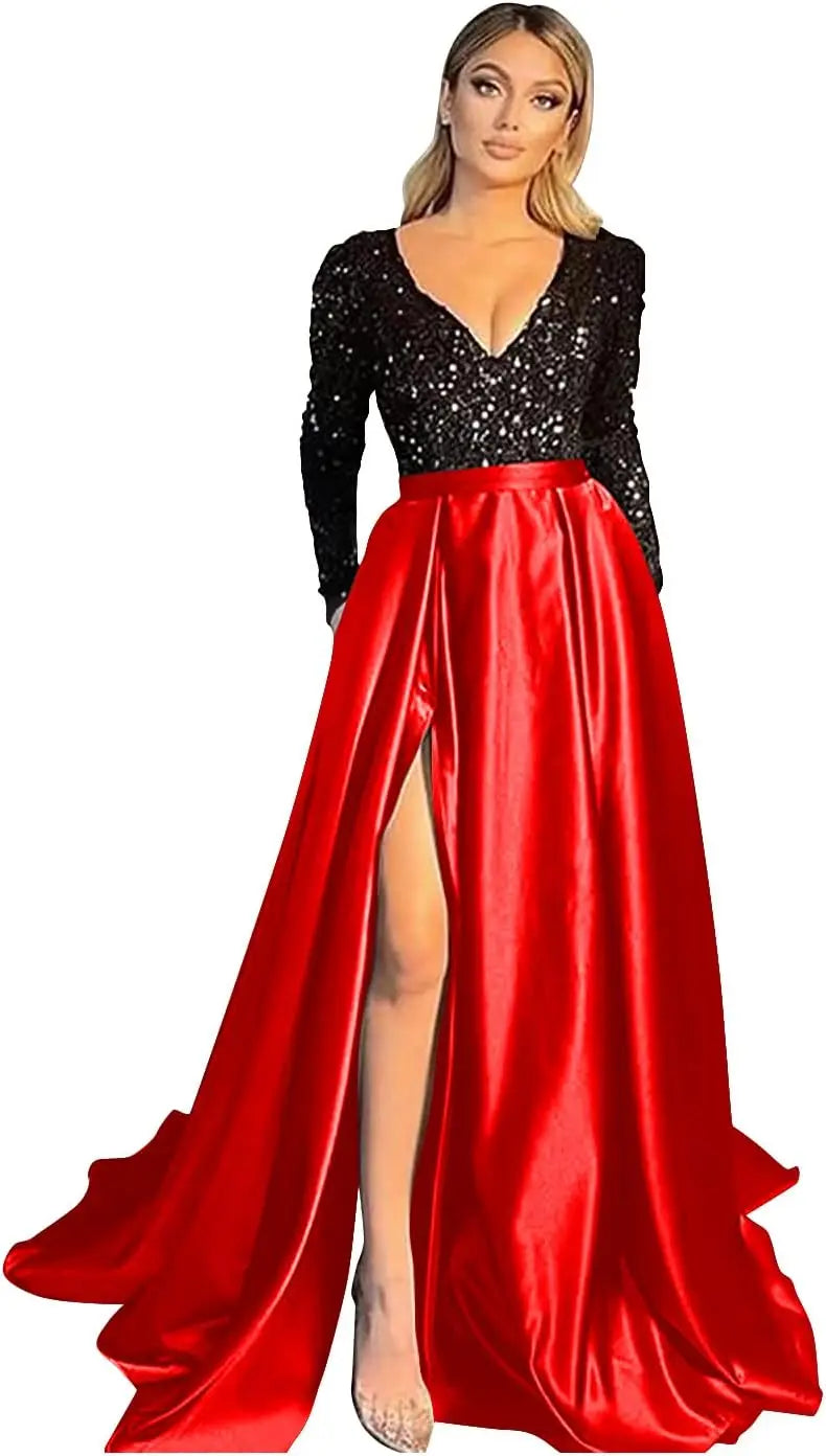 Vestido de fiesta de graduación con lentejuelas brillantes para mujer, con bolsillos, de satén de manga larga, vestido de noche formal con abertura, elegante para fiesta de boda 