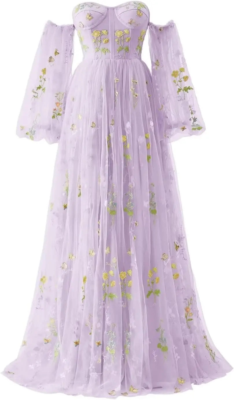 Puffy Sleeve Flower Embroidery Tulle Prom Dresses for Women Long A Line Fairy Maxi Formal Evening Party Gown Bridesmaid Dresses