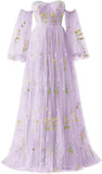 Puffy Sleeve Flower Embroidery Tulle Prom Dresses for Women Long A Line Fairy Maxi Formal Evening Party Gown Bridesmaid Dresses