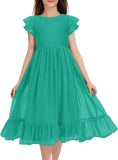 Girls Elegant Lace Flower Crew Neck Ruffle Chiffon A-Line Flowy Birthday Party Midi Dress ball gown  princess dress