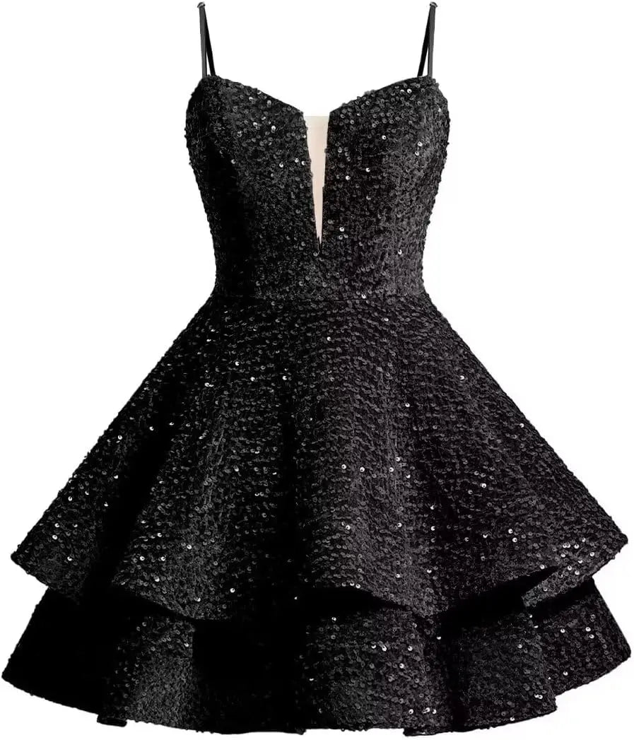 Vestidos de fiesta cortos con lentejuelas brillantes para adolescentes, de Pretty Girls Club, 2025, con tirantes finos, minivestido de cóctel formal con capas 
