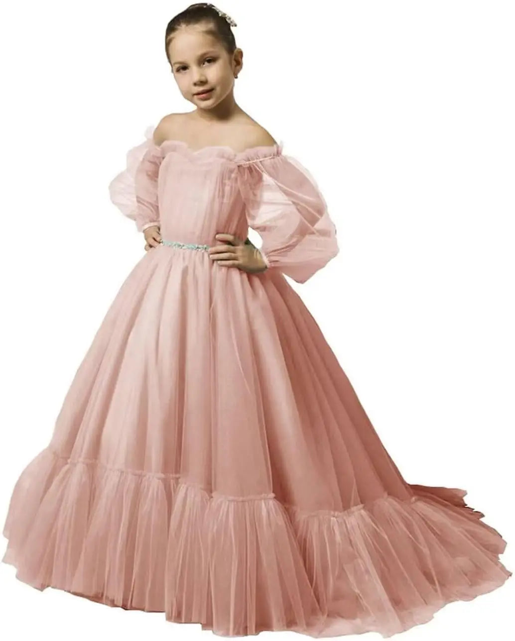 Vestidos de niña de las flores con mangas abullonadas para boda, vestidos de desfile de tul con hombros descubiertos, vestido de línea A para niña pequeña con cinturón, vestido para niña bebé 