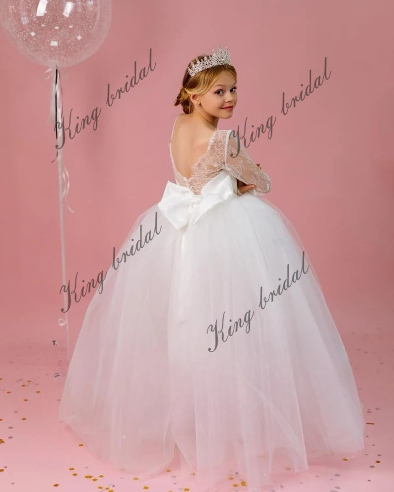 Vestido de tul con encaje y manga larga para niña de las flores, minivestido de novia para niña, vestido de novia hecho a mano, vestidos de desfile para niña 