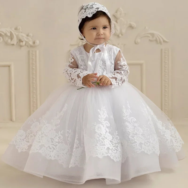 Baby Taufkleider Tüll Weiß Applikationen Mit Schleife Langarm Für Hochzeit Geburtstag Heilige Kommunion Kleider Blumenmädchenkleider 
