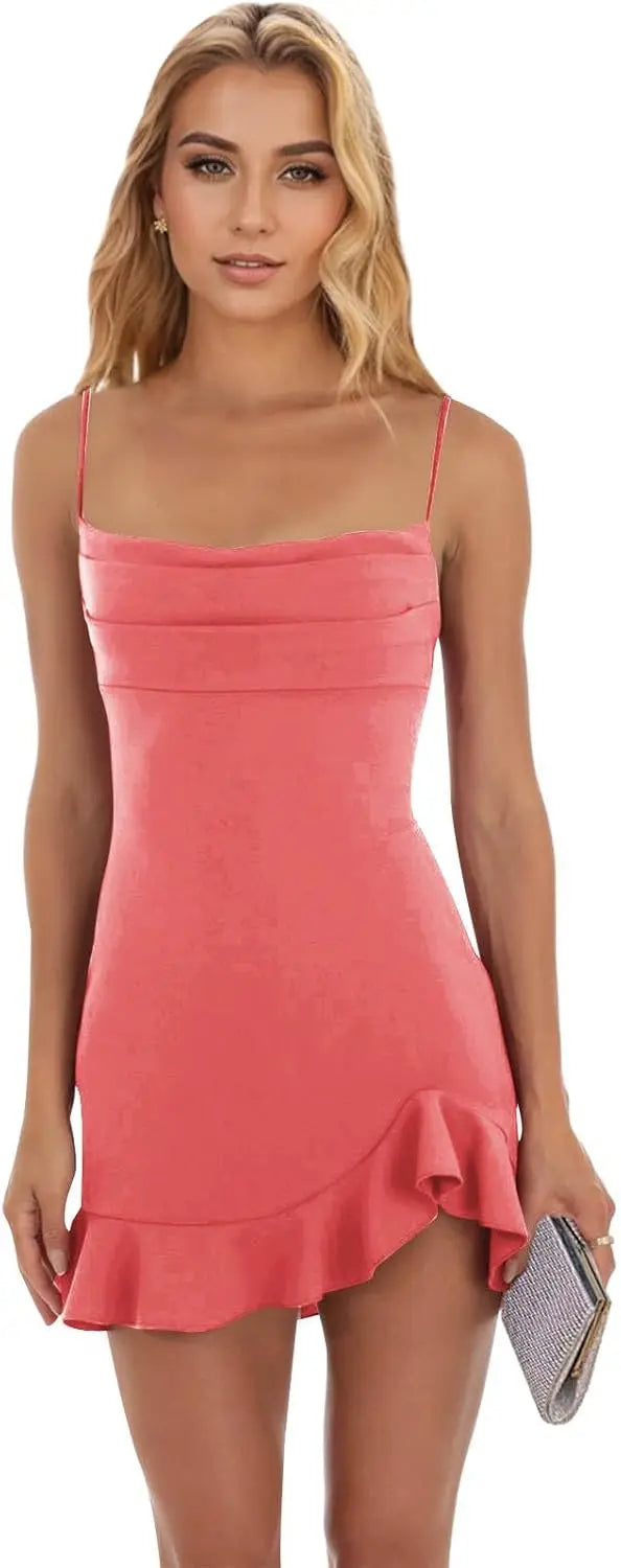 Vestidos cortos de fiesta ajustados para mujer, con tirantes finos y bajo con volantes, para cóctel y club. 