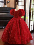 Communion Party Gowns Shining Red Flower Girl Dresses for Wedding Sequins short Sleeve Floor Length Princess Kids Birthday Party