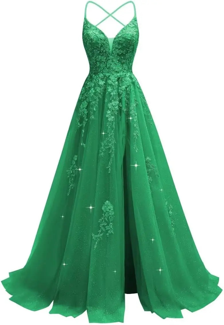 Tüll-Spitzen-Applikationen, Ballkleid, langes Ballkleid für Damen, Spaghettiträger, Korsett, rückenfreies Abendkleid 