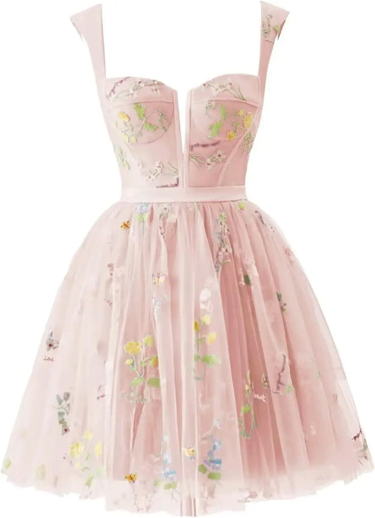 Flower Embroidery Short Tulle Homecoming Dresses for Teens Corset Mini Prom Dress Fairy Formal Party Gown Junior Bridesmaid Gown