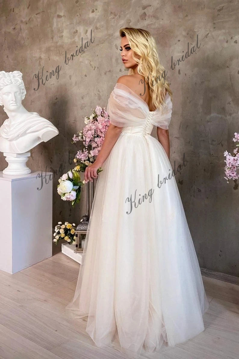 tulle floral lace fairy wedding dress. Modern bridal lace-up corset ball gown. Unique A line wedding dress with sexy deep V neck