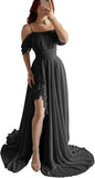 Elegantes schulterfreies Chiffon-Ballkleid für Brautjungfern mit Schlitz, lang, A-Linie, plissierte Rüschen, formelles Abendkleid für Damen 